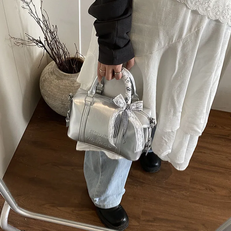 Miss Angel PU Boston Bag Handbag Women's White/Black/Silver-8