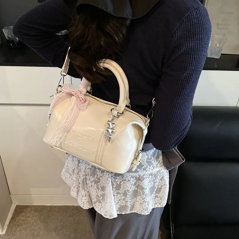 Miss Angel PU Boston Bag Handbag Women's White/Black/Silver-2