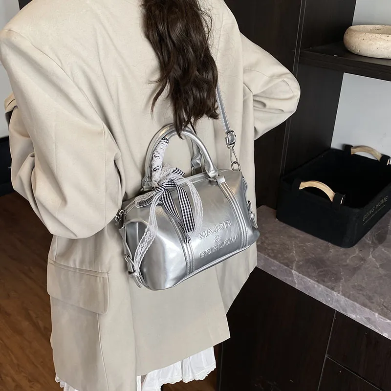 Miss Angel PU Boston Bag Handbag Women's White/Black/Silver-22
