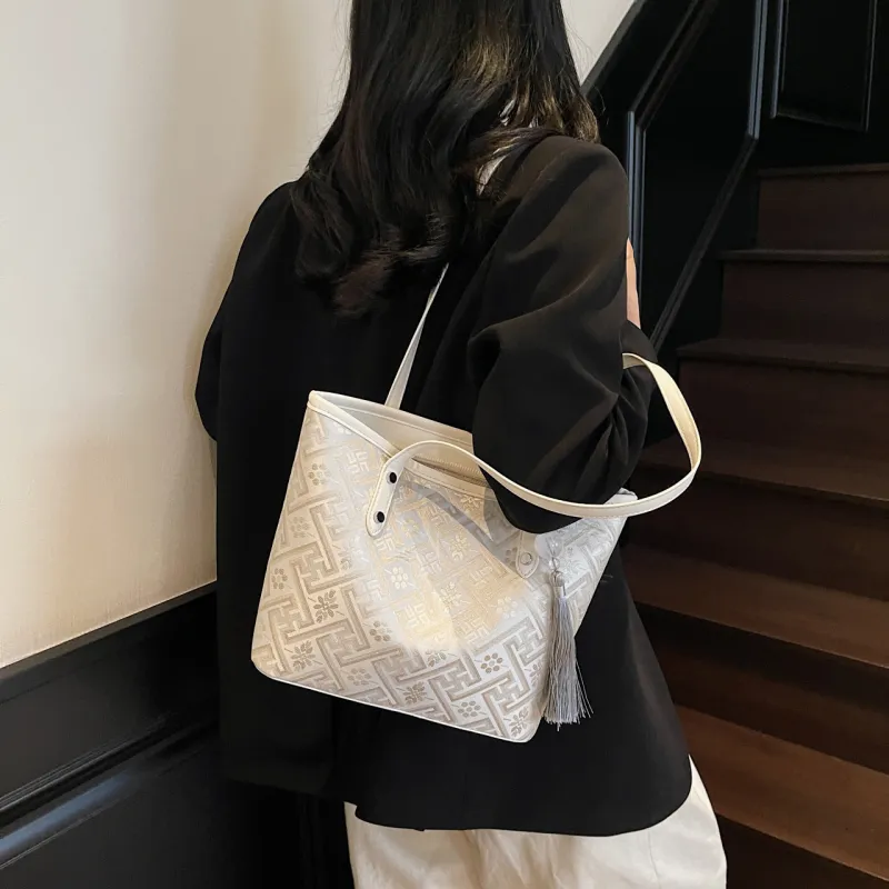 Miss Angel Fabric Tote Bag, Shopping Bag, Shoulder Bag Women's White/Silver-2