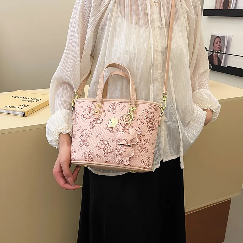 Miss Angel PU Tote Shoulder Bag, Crossbody Bag, Handbag Unisex White/Pink/Brown-8
