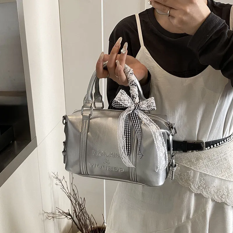 Miss Angel PU Boston Bag Handbag Women's White/Black/Silver-5