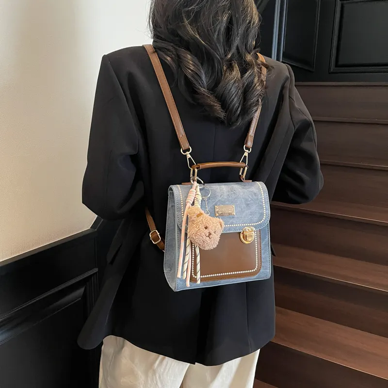 Miss Angel PU Backpack Unisex Denim Blue/Dark Tea/Ecru/Coffee-4