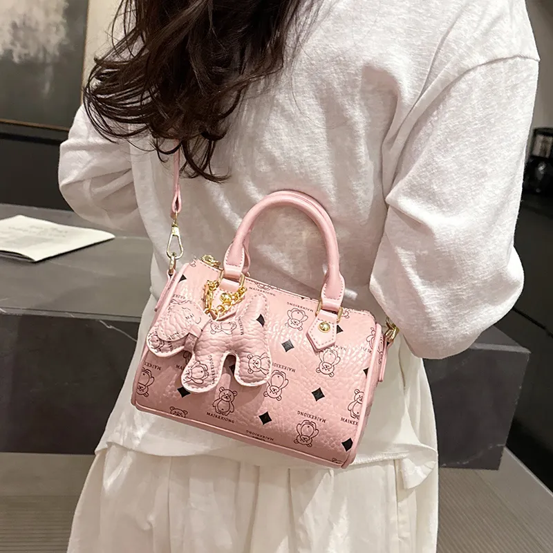 Miss Angel PU Boston Bag, Shoulder Bag, Handbag Women's Pink/Black/Brown-3
