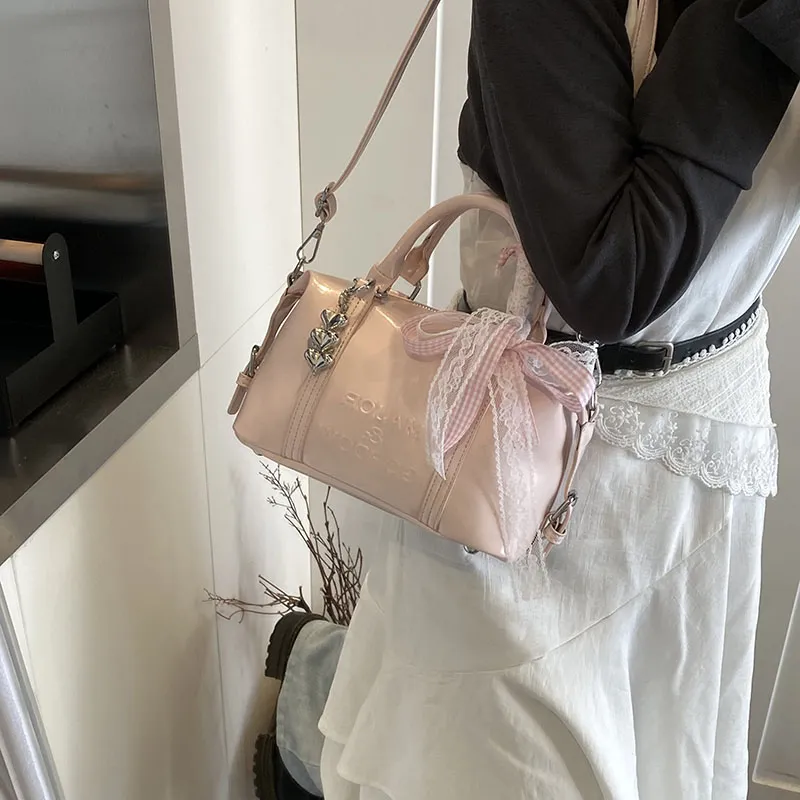 Miss Angel PU Boston Bag Handbag Women's White/Black/Silver-17
