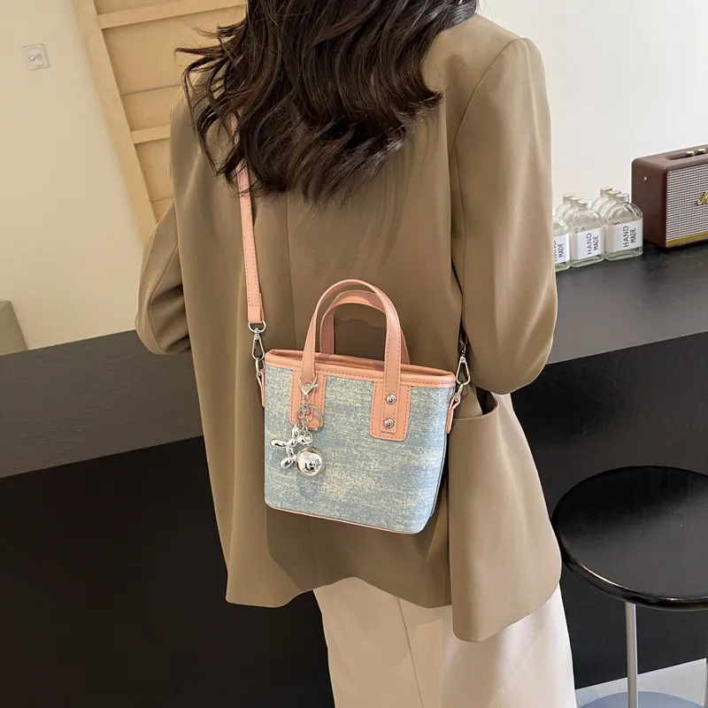 Miss Angel Fabric Crossbody One Shoulder Handbag Women's Blue/Ecru/Pink/Silver-16
