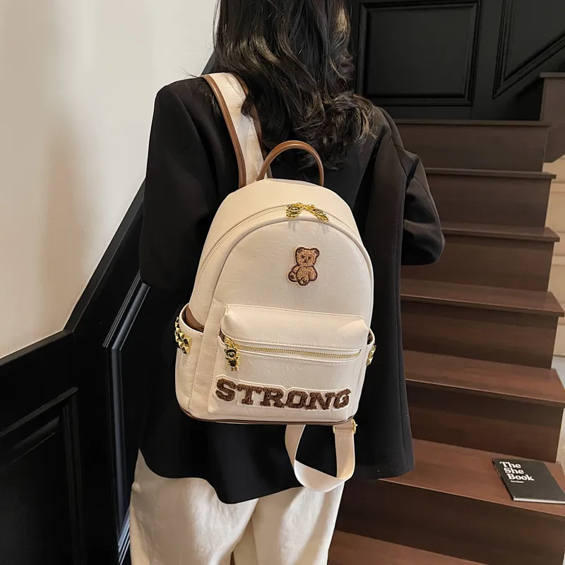 Miss Angel PU Backpack Large Size Women's White/Black/Brown-4
