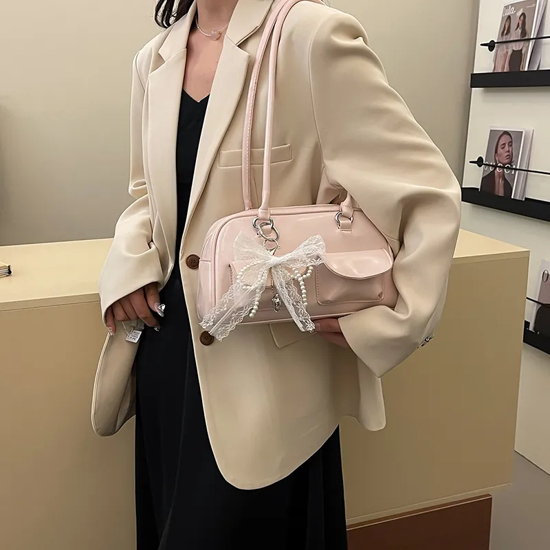 Miss Angel PU Bowling Bag, Shoulder Bag Women's Pink/White-2