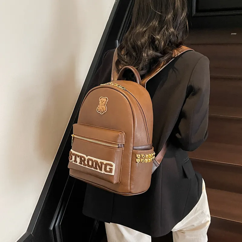 Miss Angel PU Backpack Large Size Women's White/Black/Brown-15
