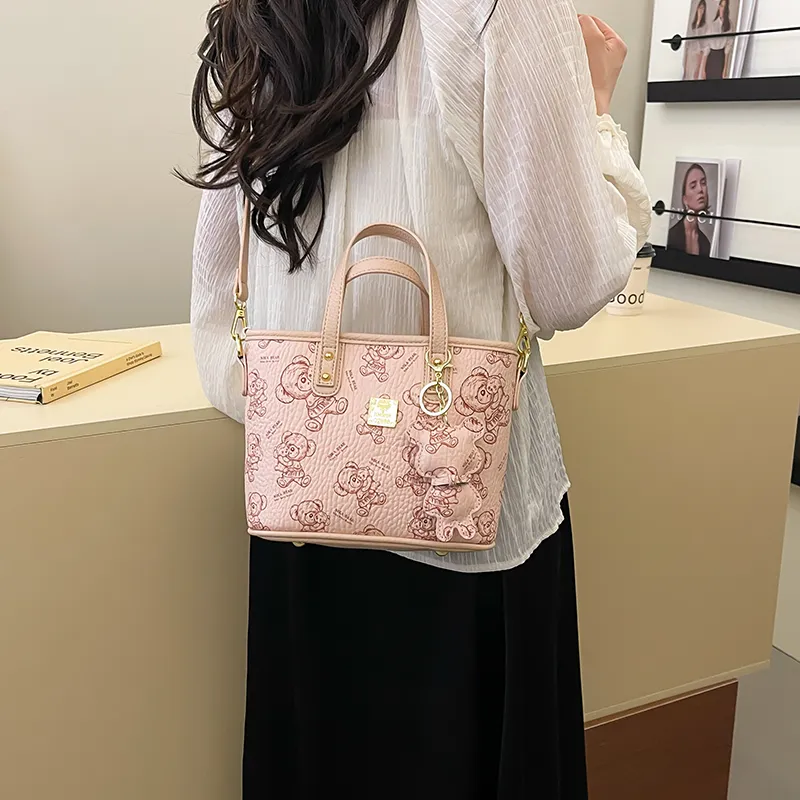 Miss Angel PU Tote Shoulder Bag, Crossbody Bag, Handbag Unisex White/Pink/Brown-9