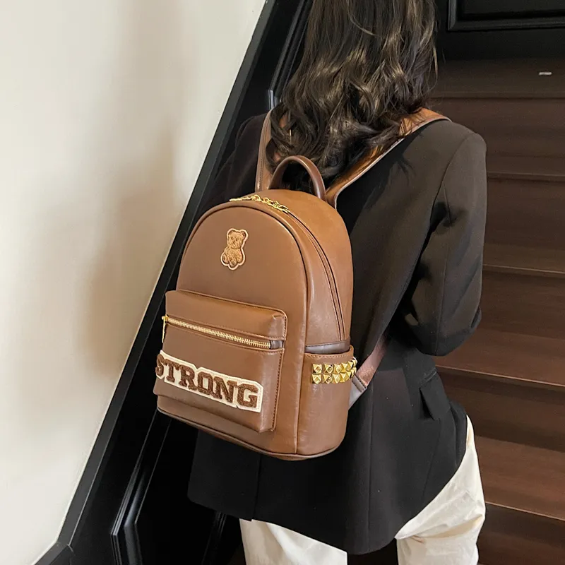 Miss Angel PU Backpack Large Size Women's White/Black/Brown-16