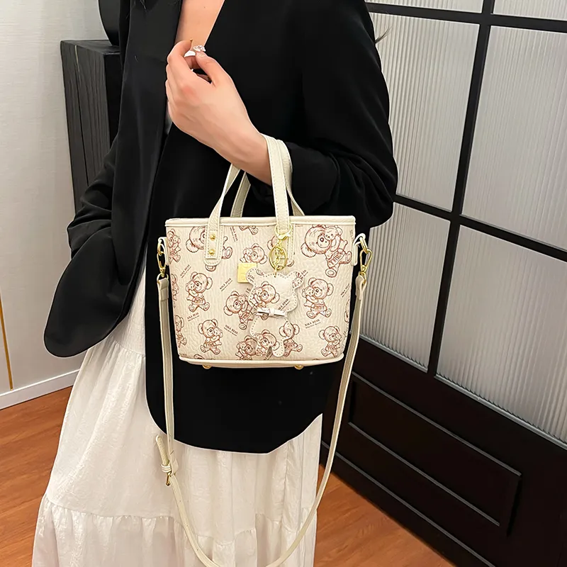 Miss Angel PU Tote Shoulder Bag, Crossbody Bag, Handbag Unisex White/Pink/Brown-1