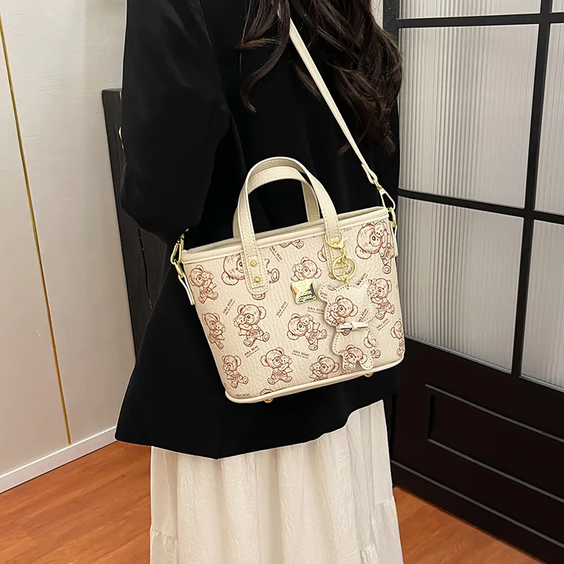 Miss Angel PU Tote Shoulder Bag, Crossbody Bag, Handbag Unisex White/Pink/Brown-4