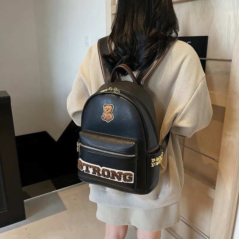 Miss Angel PU Backpack Large Size Women's White/Black/Brown-11