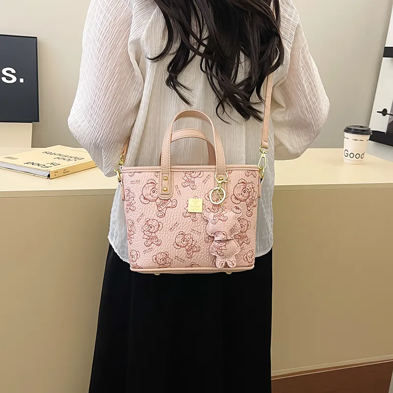 Miss Angel PU Tote Shoulder Bag, Crossbody Bag, Handbag Unisex White/Pink/Brown-10