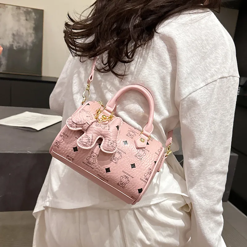 Miss Angel PU Boston Bag, Shoulder Bag, Handbag Women's Pink/Black/Brown-2