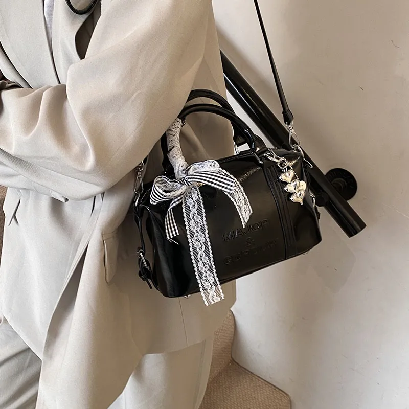 Miss Angel PU Boston Bag Handbag Women's White/Black/Silver-12