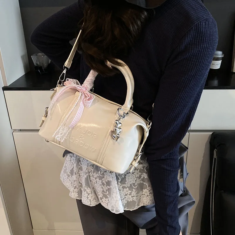 Miss Angel PU Boston Bag Handbag Women's White/Black/Silver-3