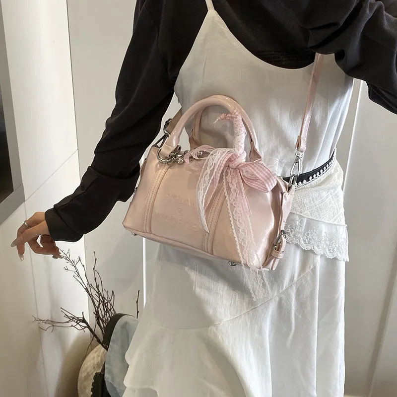 Miss Angel PU Boston Bag Handbag Women's White/Black/Silver-19
