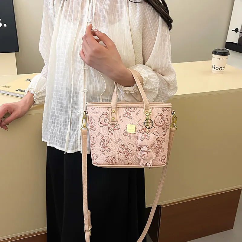 Miss Angel PU Tote Shoulder Bag, Crossbody Bag, Handbag Unisex White/Pink/Brown-7