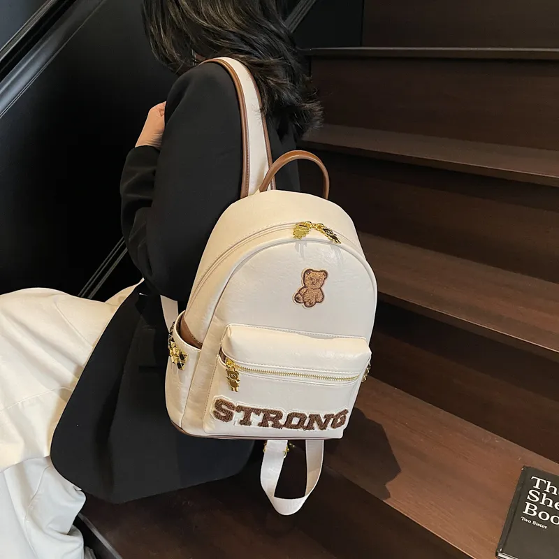 Miss Angel PU Backpack Large Size Women's White/Black/Brown-2