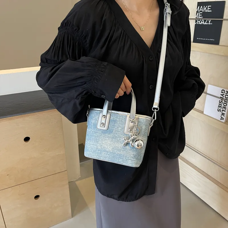 Miss Angel Fabric Crossbody One Shoulder Handbag Women's Blue/Ecru/Pink/Silver-1