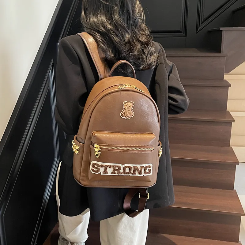 Miss Angel PU Backpack Large Size Women's White/Black/Brown-14