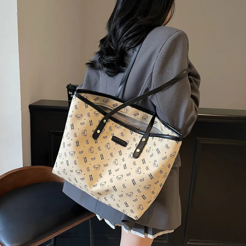 Miss Angel PU Tote Bag Shopping Bag Shoulder Bags Women's Black/Khaki-5