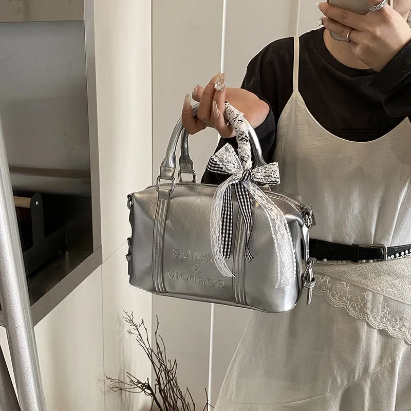 Miss Angel PU Boston Bag Handbag Women's White/Black/Silver-7