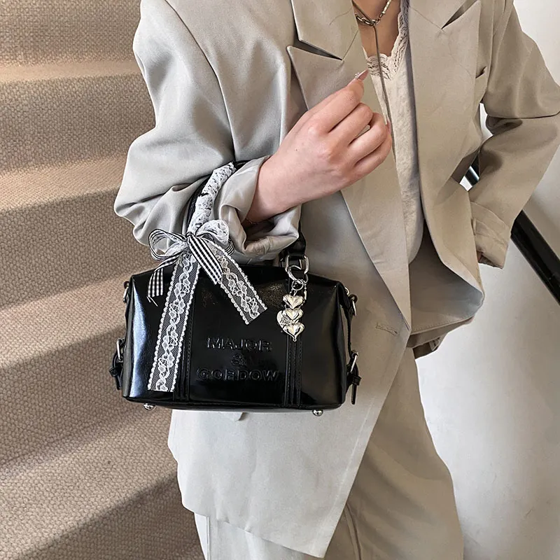 Miss Angel PU Boston Bag Handbag Women's White/Black/Silver-10