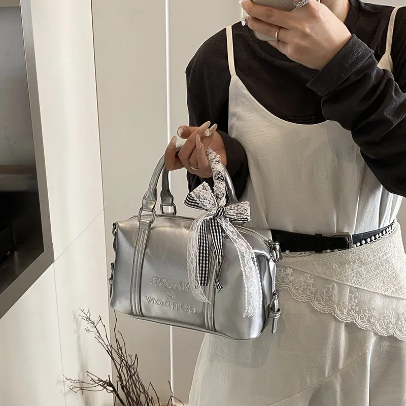 Miss Angel PU Boston Bag Handbag Women's White/Black/Silver-6