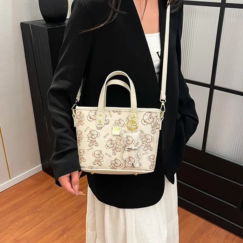 Miss Angel PU Tote Shoulder Bag, Crossbody Bag, Handbag Unisex White/Pink/Brown-2