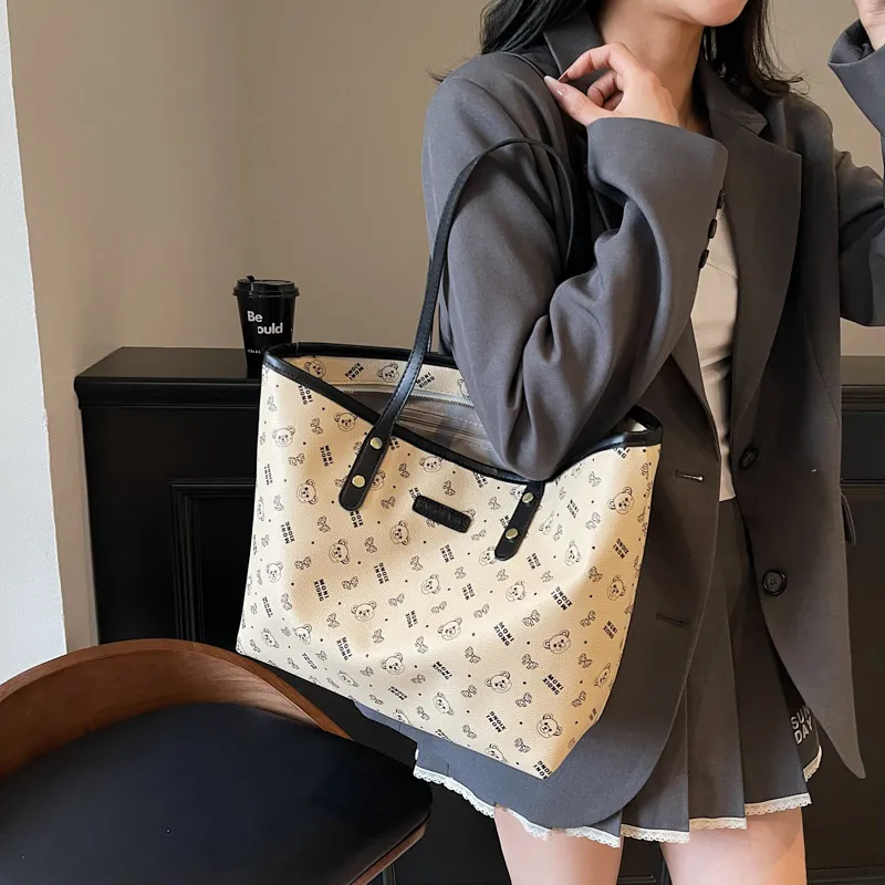 Miss Angel PU Tote Bag Shopping Bag Shoulder Bags Women's Black/Khaki-6