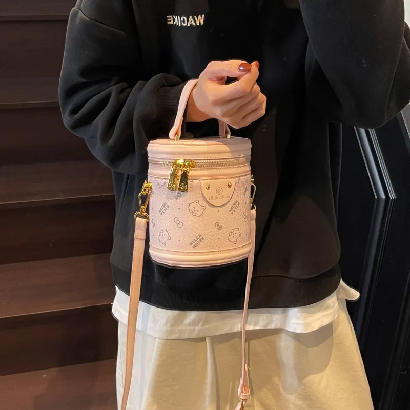 Miss Angel PU Bucket Bag, One Shoulder Handbag Women's Pink/White/Brown-3