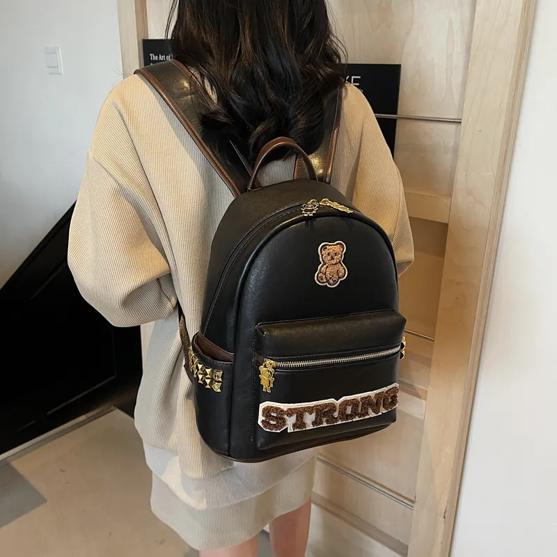 Miss Angel PU Backpack Large Size Women's White/Black/Brown-10