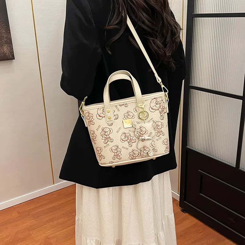 Miss Angel PU Tote Shoulder Bag, Crossbody Bag, Handbag Unisex White/Pink/Brown-5