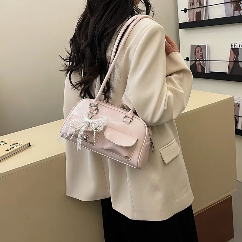 Miss Angel PU Bowling Bag, Shoulder Bag Women's Pink/White-1