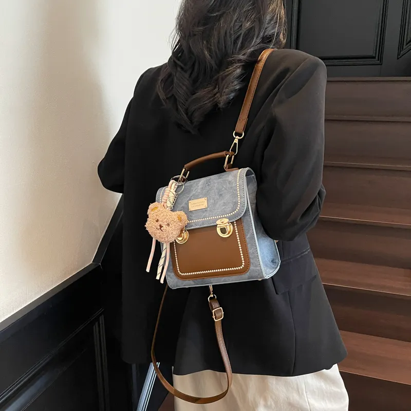 Miss Angel PU Backpack Unisex Denim Blue/Dark Tea/Ecru/Coffee-2