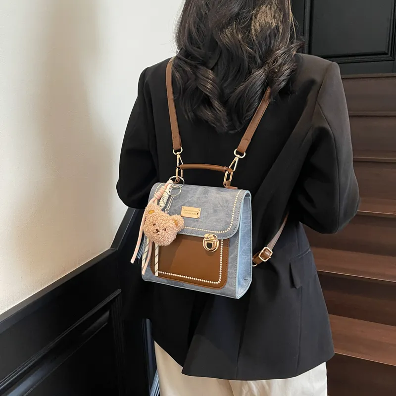 Miss Angel PU Backpack Unisex Denim Blue/Dark Tea/Ecru/Coffee-5