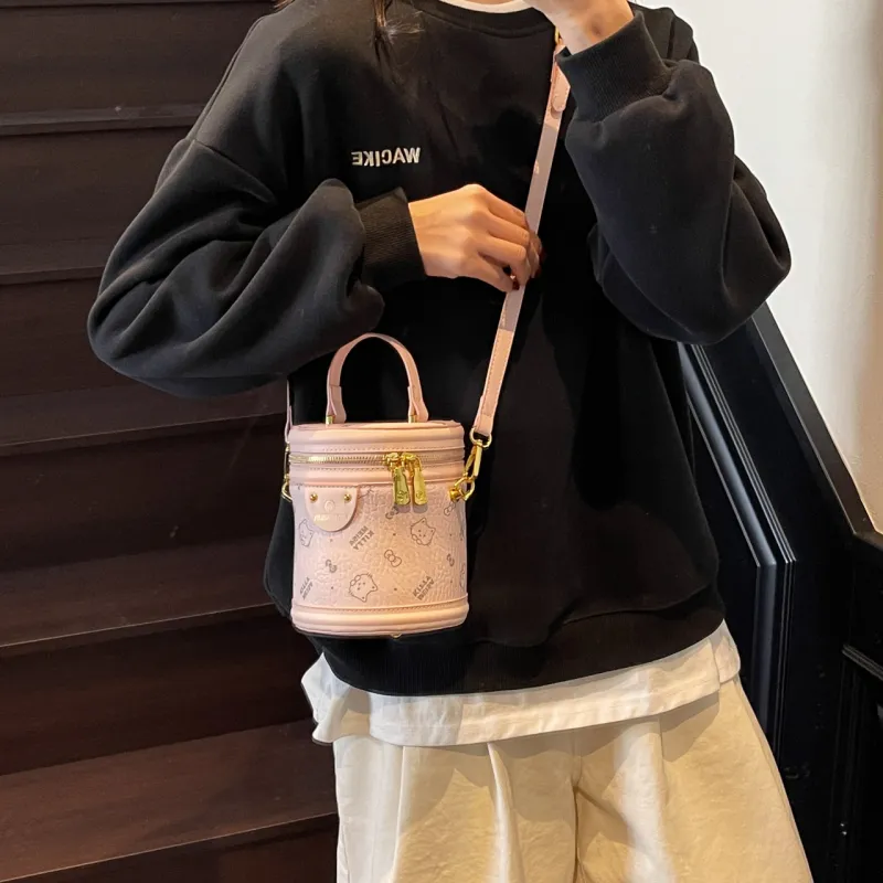 Miss Angel PU Bucket Bag, One Shoulder Handbag Women's Pink/White/Brown-5