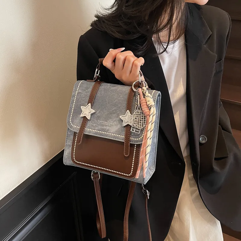 Miss Angel PU Backpack Women's Denim Blue/Dark Tea/Ecru-1