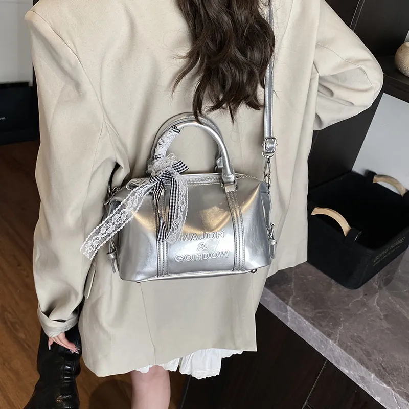Miss Angel PU Boston Bag Handbag Women's White/Black/Silver-23