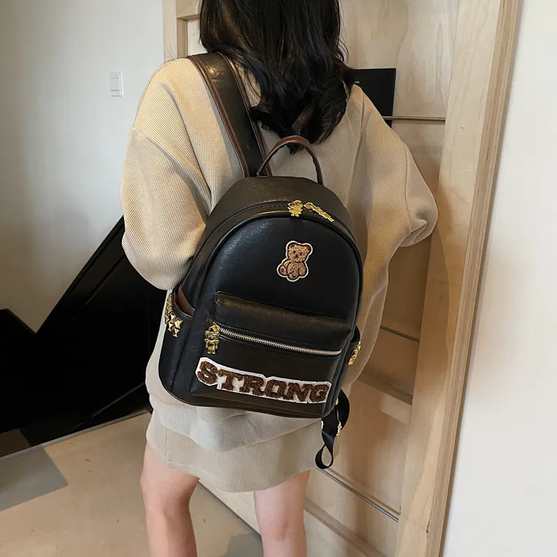 Miss Angel PU Backpack Large Size Women's White/Black/Brown-7