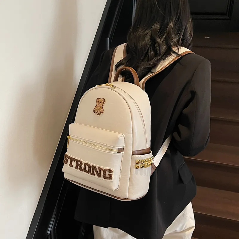 Miss Angel PU Backpack Large Size Women's White/Black/Brown-5