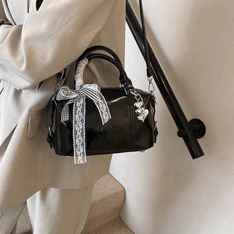 Miss Angel PU Boston Bag Handbag Women's White/Black/Silver-11