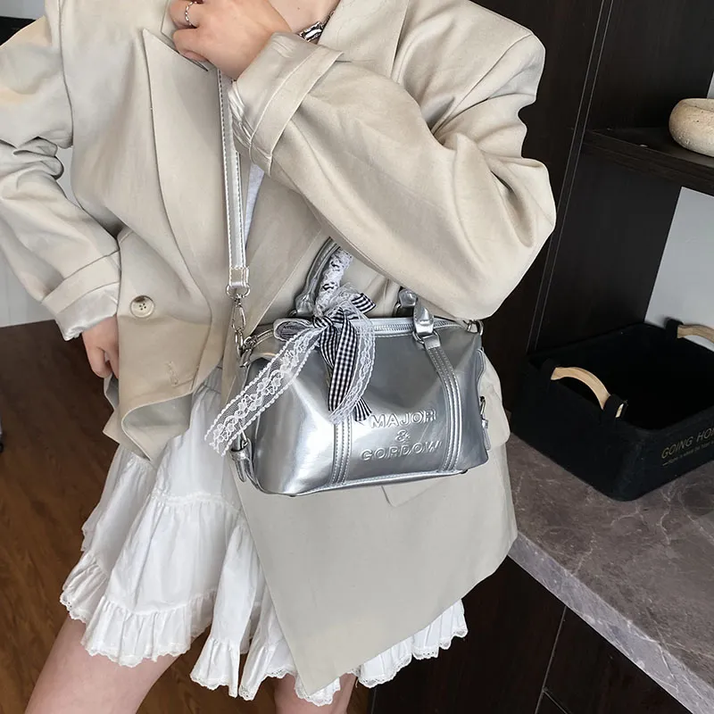 Miss Angel PU Boston Bag Handbag Women's White/Black/Silver-21