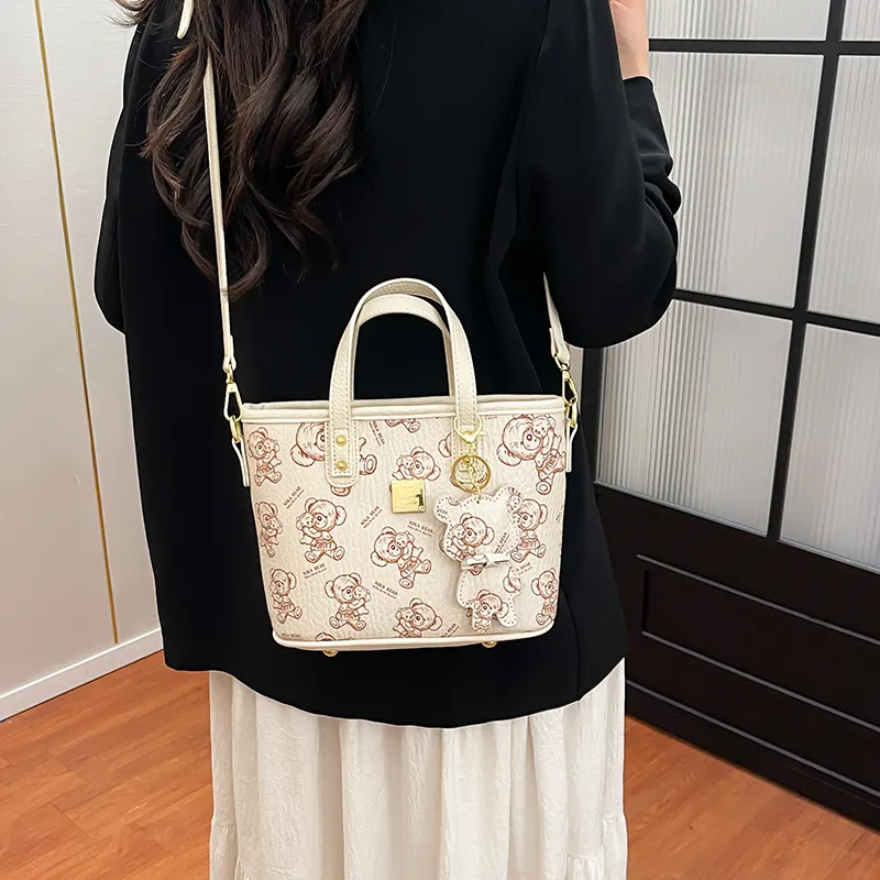 Miss Angel PU Tote Shoulder Bag, Crossbody Bag, Handbag Unisex White/Pink/Brown-3