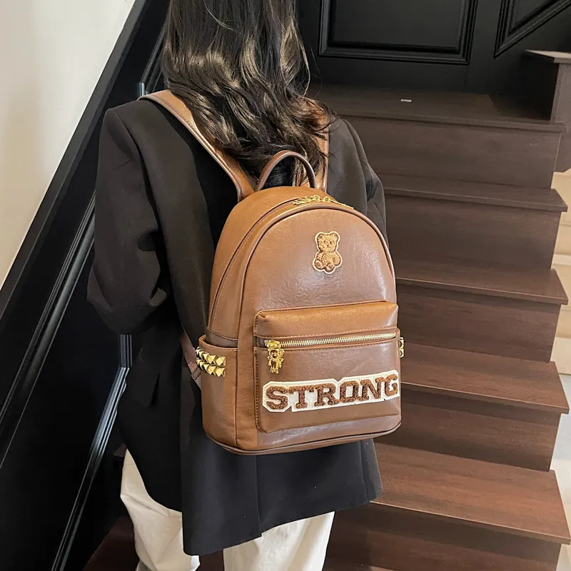 Miss Angel PU Backpack Large Size Women's White/Black/Brown-17