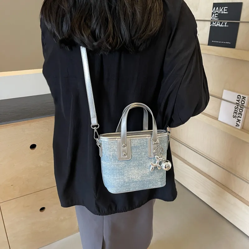 Miss Angel Fabric Crossbody One Shoulder Handbag Women's Blue/Ecru/Pink/Silver-3