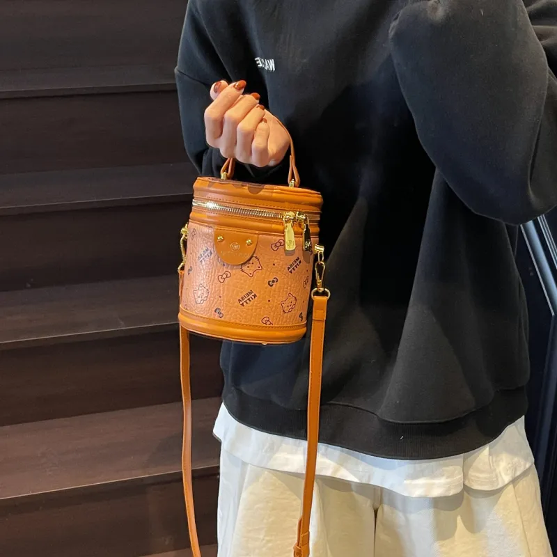 Miss Angel PU Bucket Bag, One Shoulder Handbag Women's Pink/White/Brown-7
